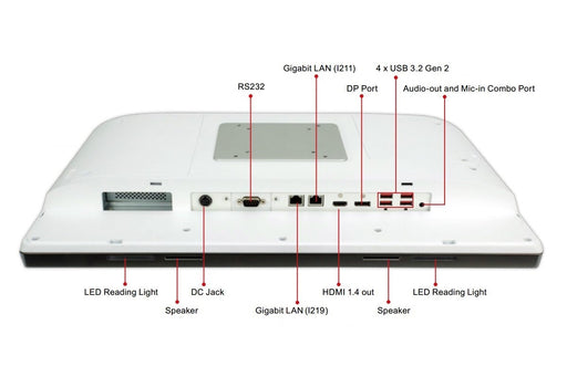 1xRS-232, 4xUSB 3.2, 2xUSB 2.0, Wi-Fi, 2MP Kamera, Audio, napájecí adaptér 12VDC 150W.