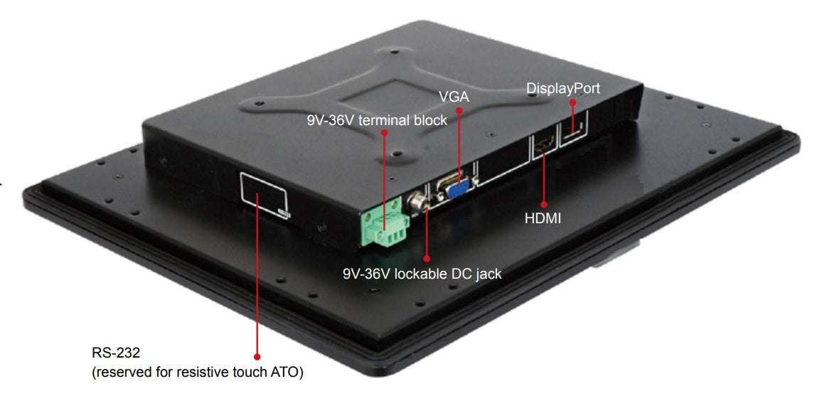 1xVGA, 1xDP, 1xHDMI, 1xUSB 2.0, 1xRS-232, 9-36V DC-In